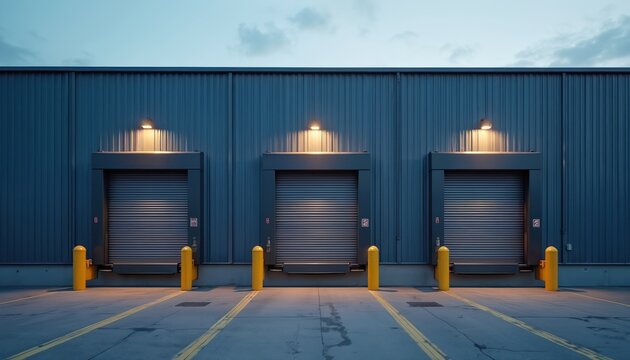 Three industrial loading docks with security posts sit closed at a distribution center building. Exterior view shows closed roll-up doors under lights at twilight, highlighting empty warehouse gates.
