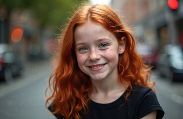 Obraz premium Red haired preteen girl with freckles smiles outdoors on city street. Her wavy hair blows in breeze. She looks happy and cute. Young kid portrait.