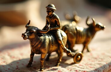 Fototapeta premium Golden figurine of Indian farmer on bullock cart. Farmer wears hat. Bull has horns. Cart has wheel. Sculpture represents rural India life and tradition. Useful for cultural or travel themes.