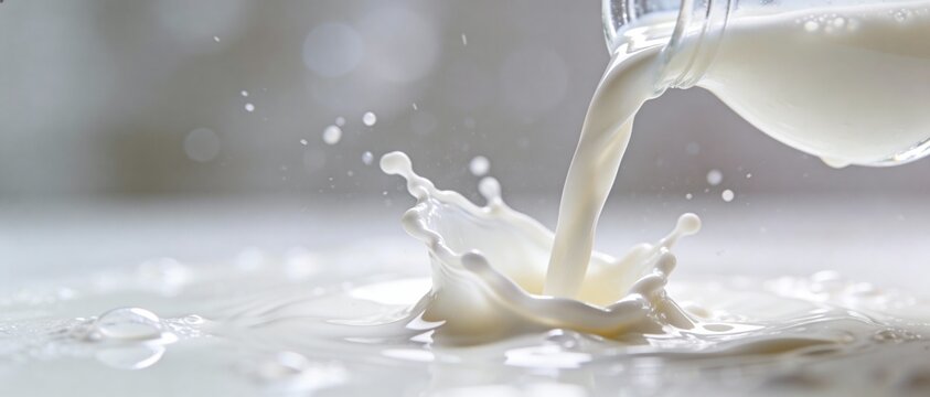 Close-up of fresh white milk splashing into a pool of liquid from a glass bottle
