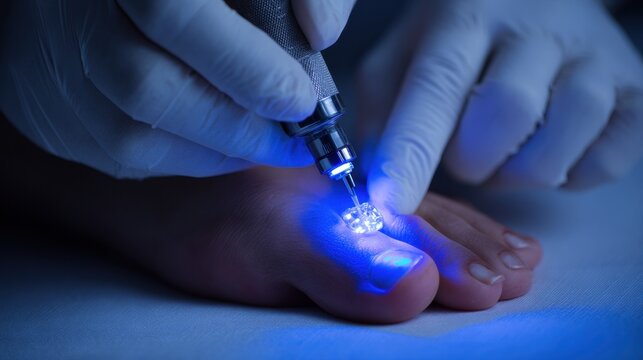 Medical Podologist Using Laser Tool on Human Toenail in Sterile Clinic Environment