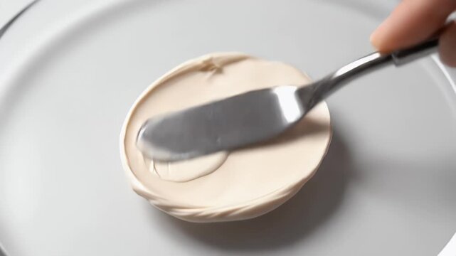 Cream Being Spread on a Clear Glass Plate with a Silver Spreader Under Bright Lighting for Food Related Visuals