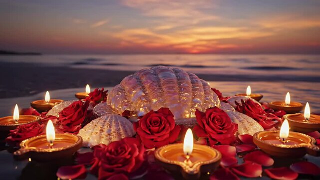 Cheti Chand Sea Shell Podium with Floating Oil Lamps and Red Roses at Sunset