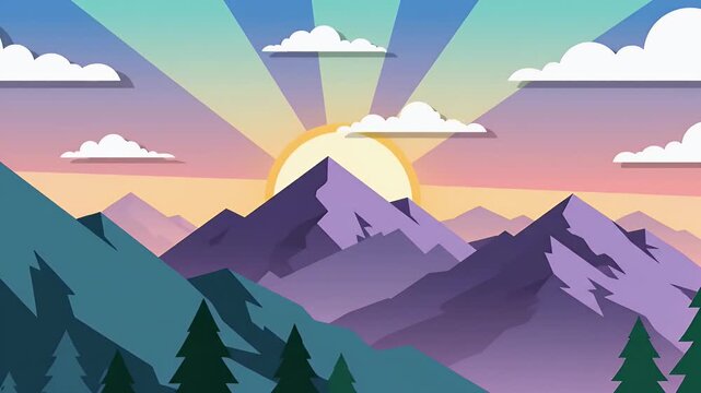 Vector mountain landscape with sunrise, clouds and pine trees