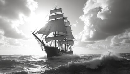 Obraz premium Old tall ship sails on rough sea waves under dramatic sky. Black and white photo shows ancient vessel navigating ocean. Historic boat with full canvas moves through choppy water.