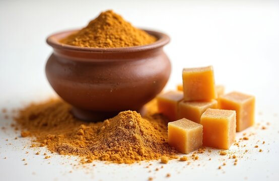 Unrefined jaggery powder and cubes sit in clay pot and on white surface. Natural sweetener from sugarcane is common in Indian cooking. Offers healthy alternative to sugar.