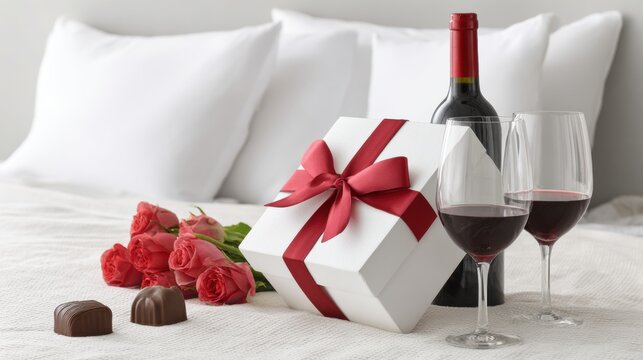 Romantic gift setup with wine, roses and chocolates on bed. Solo celebration concept. Anti-Valentine single lifestyle, self love, independence and personal indulgence