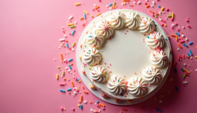White frosted cake with piped frosting swirls. Colorful sprinkles scattered around cake on pink background. Festive dessert ready for celebration.