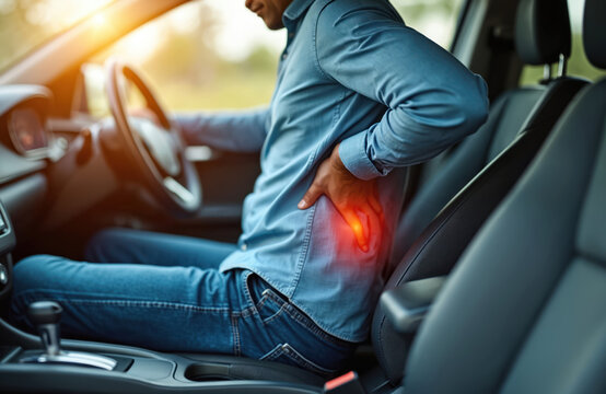 Man with severe lower back pain grips his hip while driving a car. Long drive discomfort causes ache. He needs relief from spinal strain and muscle tension.