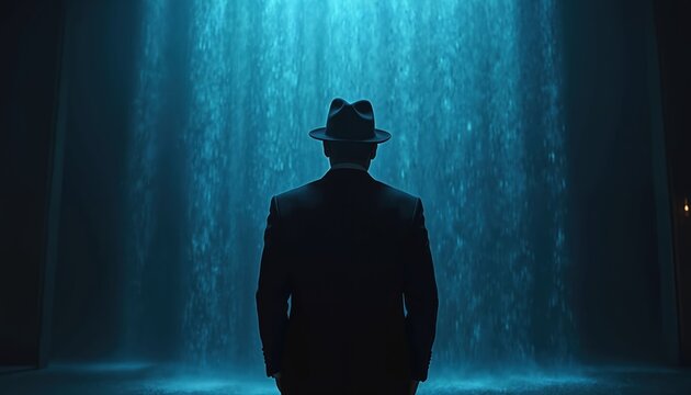 Man in fedora hat and suit stands before blue waterfall. Mysterious figure in dark elegant attire faces glowing curtain of water, contemplating secret path.