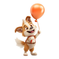 Fototapeta premium Fluffy cartoon puppy holding a balloon, joyful emotion, smooth 3D render, clean white background, children-friendly illustration