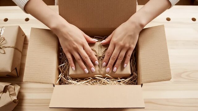 Gift packaging in action video showing hands wrapping box.