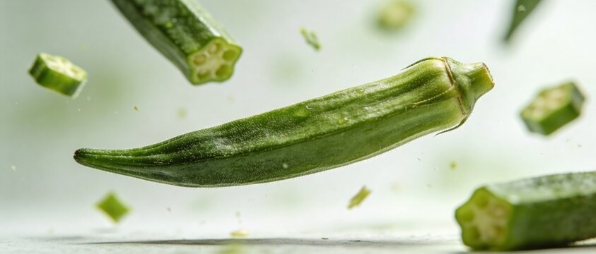 Fresh Okra Pods and Slices Frozen in Mid-Air Against a Light Background
