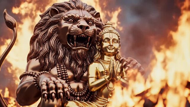 Lord Narasimha and Prahlada Bronze Statue with Holika Dahan Ritual Fire