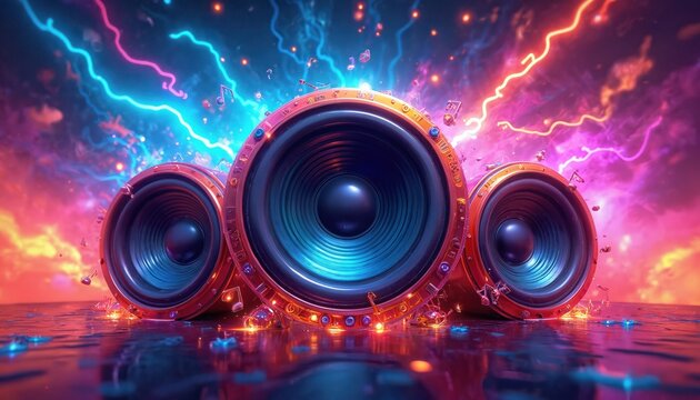 Three speakers pulse with bright neon lights and sound waves. Music notes float around vibrant abstract colorful energy. Dynamic sound system art.