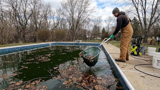 Man cleaning backyard swimming pool in autumn, net skimming leaves from green water for seasonal maintenance, outdoor home care mood of diligent repair