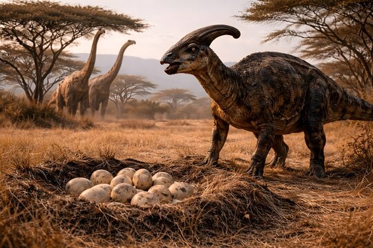 A parasaurolophus next to a nest of eggs, with two long necked brachiossaurus dinosaurs in background. The dinosaurs are standing in an arid environment