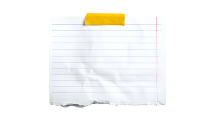 Fototapeta premium Torn lined paper sheet, taped with yellow tape, isolated on a transparent background