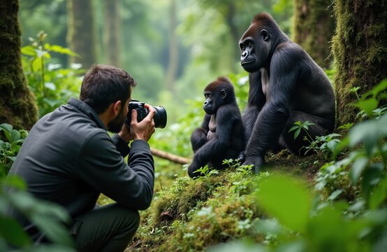 Man photographs adult and baby gorilla in dense green forest. Wildlife photographer documents primates in their natural habitat. Gorillas sit on mossy ground surrounded by rich jungle foliage.