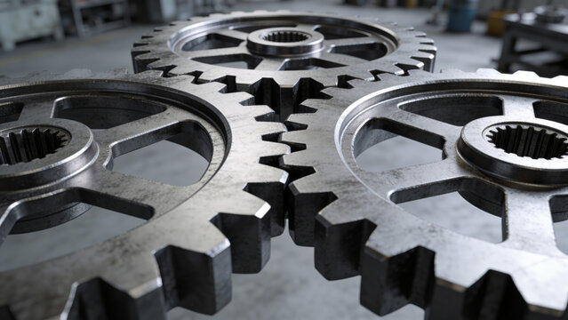 Close-up of three interlocked metal gears in a factory. Industrial mechanism and precision engineering concept