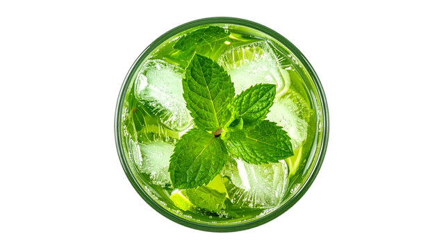 Overhead shot of a refreshing green drink with mint sprig and ice cubes
