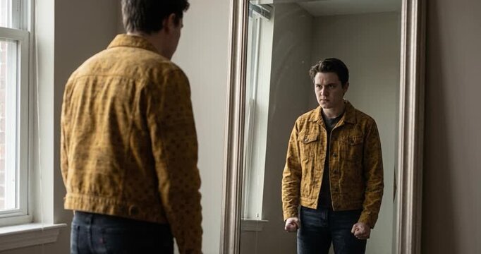 Man standing in front of a mirror reflecting himself indoors