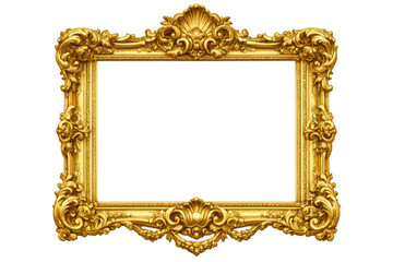 Ornate gold picture frame with classical rococo and baroque decorative elements on a transparent background