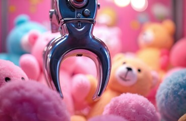Naklejka premium Claw machine grip hovers over colorful stuffed toys, promising fun prize capture. Gamers try skill to win soft teddy bears in bright arcade.