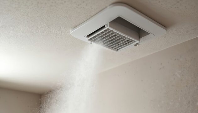 Dust particles escape from dirty ceiling vent. Air purification system needs cleaning. Home ventilation needs maintenance. Allergens circulate indoors. Indoor air quality poor. Ceiling air duct