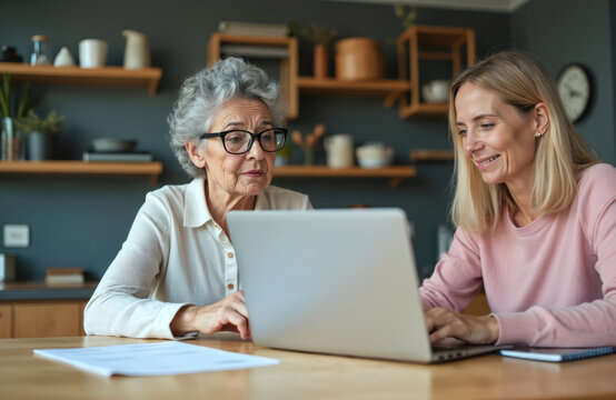 Elderly woman learns using laptop with younger woman assisting. Two females interact at table, sharing digital device for online activity. Mature lady types on computer keyboard with help from adult