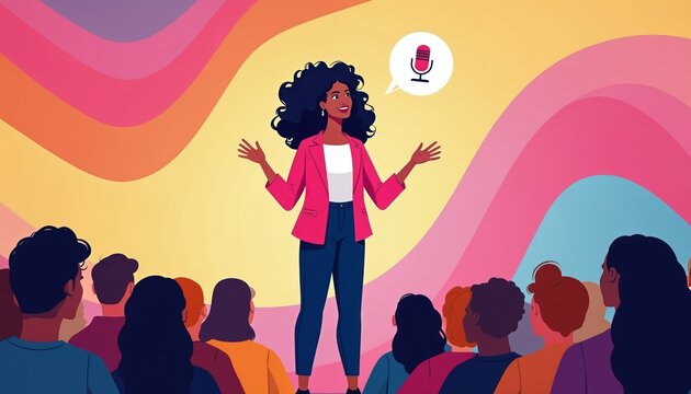 Woman speaks to diverse audience on colorful stage with microphone icon. Energetic speaker shares ideas, inspires group in lively meeting. Business talk, seminar event, education concept.