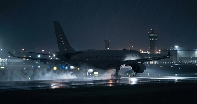 Airplane on runway at night with lights