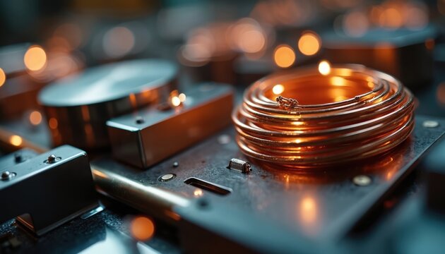 Close-up metallic industrial parts with copper wire coil. Precision components metal surfaces with bokeh lights. Electrical engineering tech.