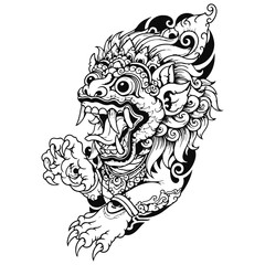 Vector Black and White Balinese Barong Mask Illustration