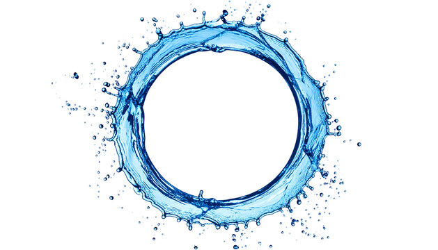 A clear, blue water ring splashes outwards, with a black background, perfect symmetry