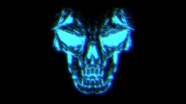 Glowing human skull animation with distortions and glitch effects