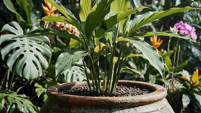 Galangal Plant in Outdoor Planter Tropical Home Garden Setting