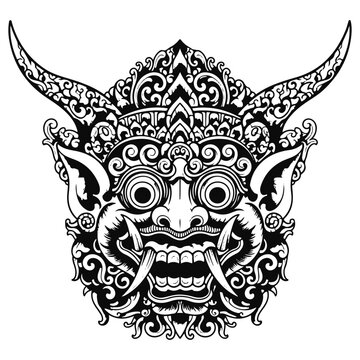 Vector Black and White Balinese Demon Mask Illustration