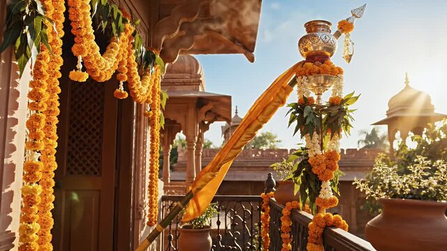 Gudi Padwa Sun-Drenched Balcony with Marigold Torans and Gudi Flag