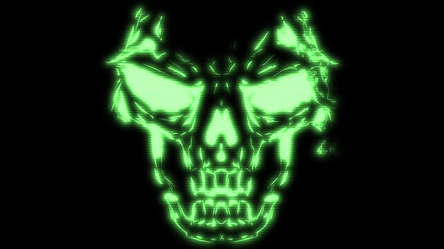 Glowing human skull animation with distortions and glitch effects