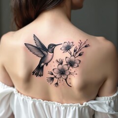 Fototapeta premium Black and white hummingbird and floral design tattooed on woman back. Delicate tattoo art with small bird and blooming flowers. Female body art for beauty.
