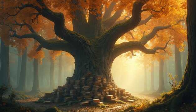 Massive ancient tree grows in forest with branches full of books. Stack of old books piled at its base. Warm autumn light filters through orange leaves.