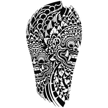 Vector Black and White Balinese Rangda and Barong Masks