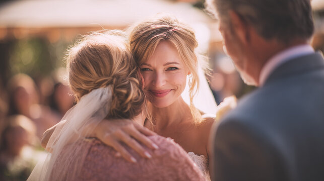 emotional bride hugging parents before wedding ceremony with tears of joy grateful bride embracing mother and father during wedding day celebration