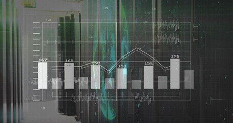 Displaying translucent HUD bar and line chart in data center aisle, showing server racks © vectorfusionart