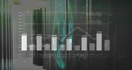 Fotobehang Buffet Displaying translucent HUD bar and line chart in data center aisle, showing server racks  © vectorfusionart