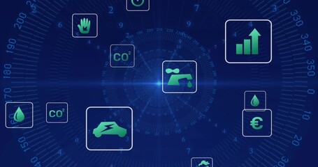 Showing radial HUD displaying floating green icons CO2, water, EV, chart, euro on blue interface