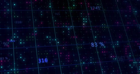 Rendering data grid plane in virtual data space, showing glowing points, grid lines, labels 83% 316