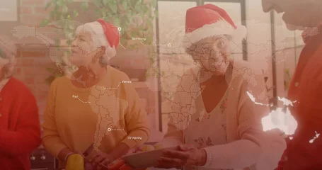 Fotobehang Koken Preparing elders in Santa hats serving food in kitchen with bowl peppers counter dotted map overlay  © vectorfusionart