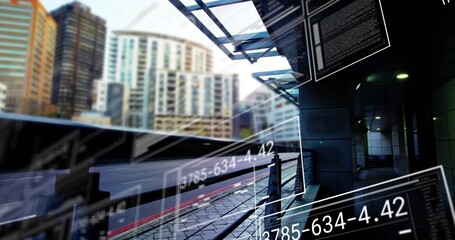 Showing covered sidewalk with metal railing featuring AR overlays under glass canopy near red curb
